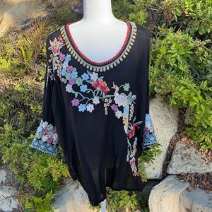 Johnny Was Black Floral Embroidered Blouse